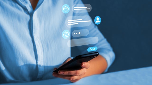 Virtual assistant and CRM software automation technology. Customer using online service with chat bot to get support. Chat bot conversation concept. 